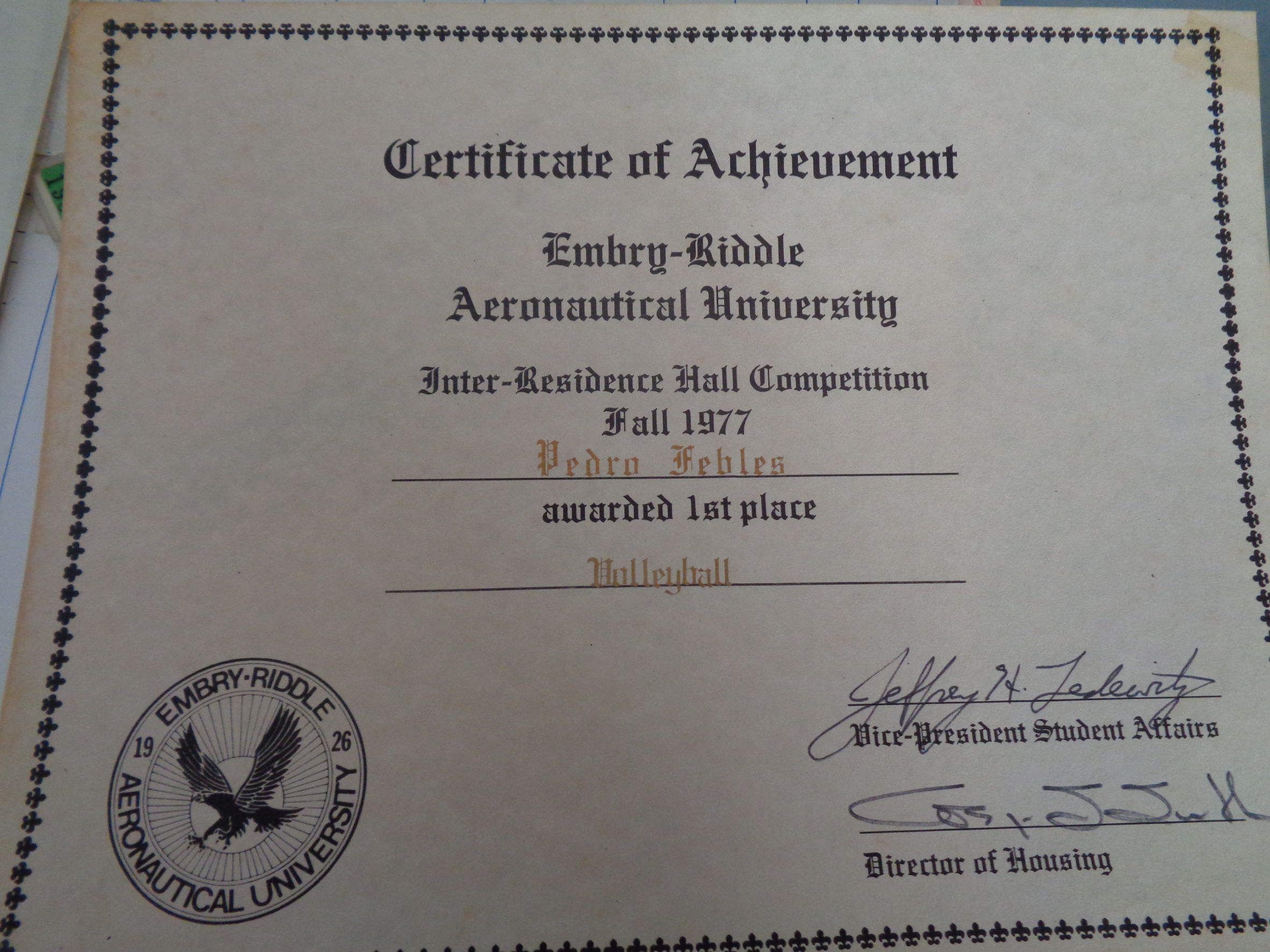 Daytona Beach ERAU certificate Volleyball intramural PF 1977