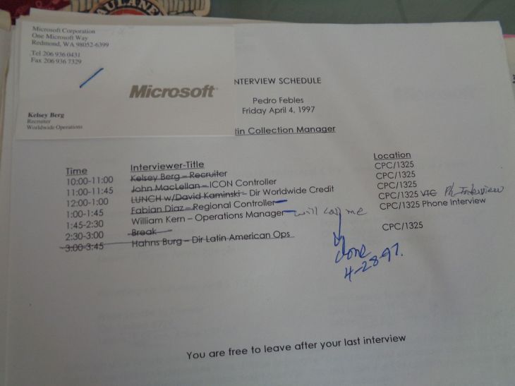 Hialeah visit job interview schedule Microsoft Redmond WA 4april1997