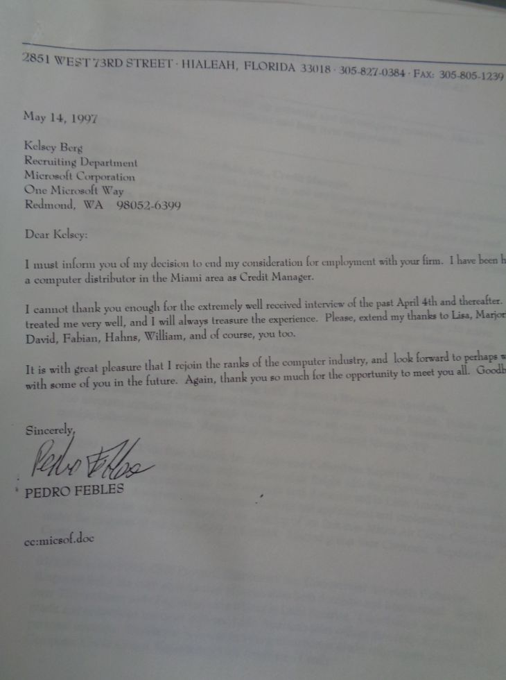 Hialeah visit job interview schedule Microsoft Redmond WA my refusal PF 14May1997