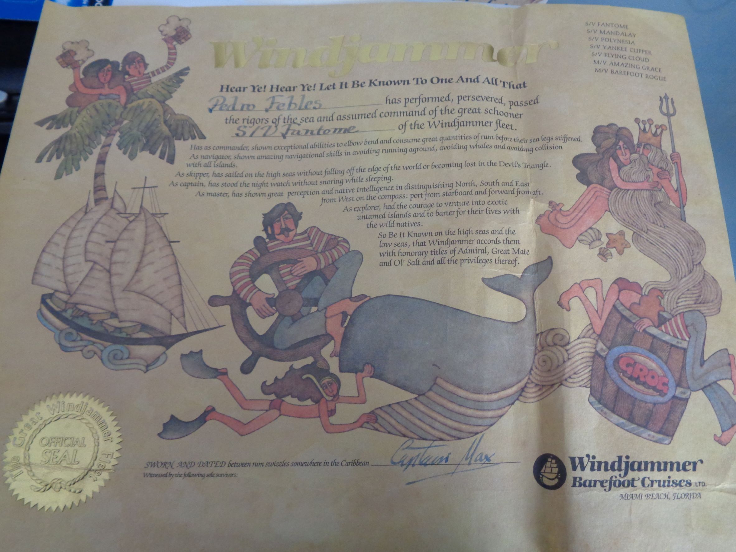Ormond Beach windjammers fantome certificate c1984