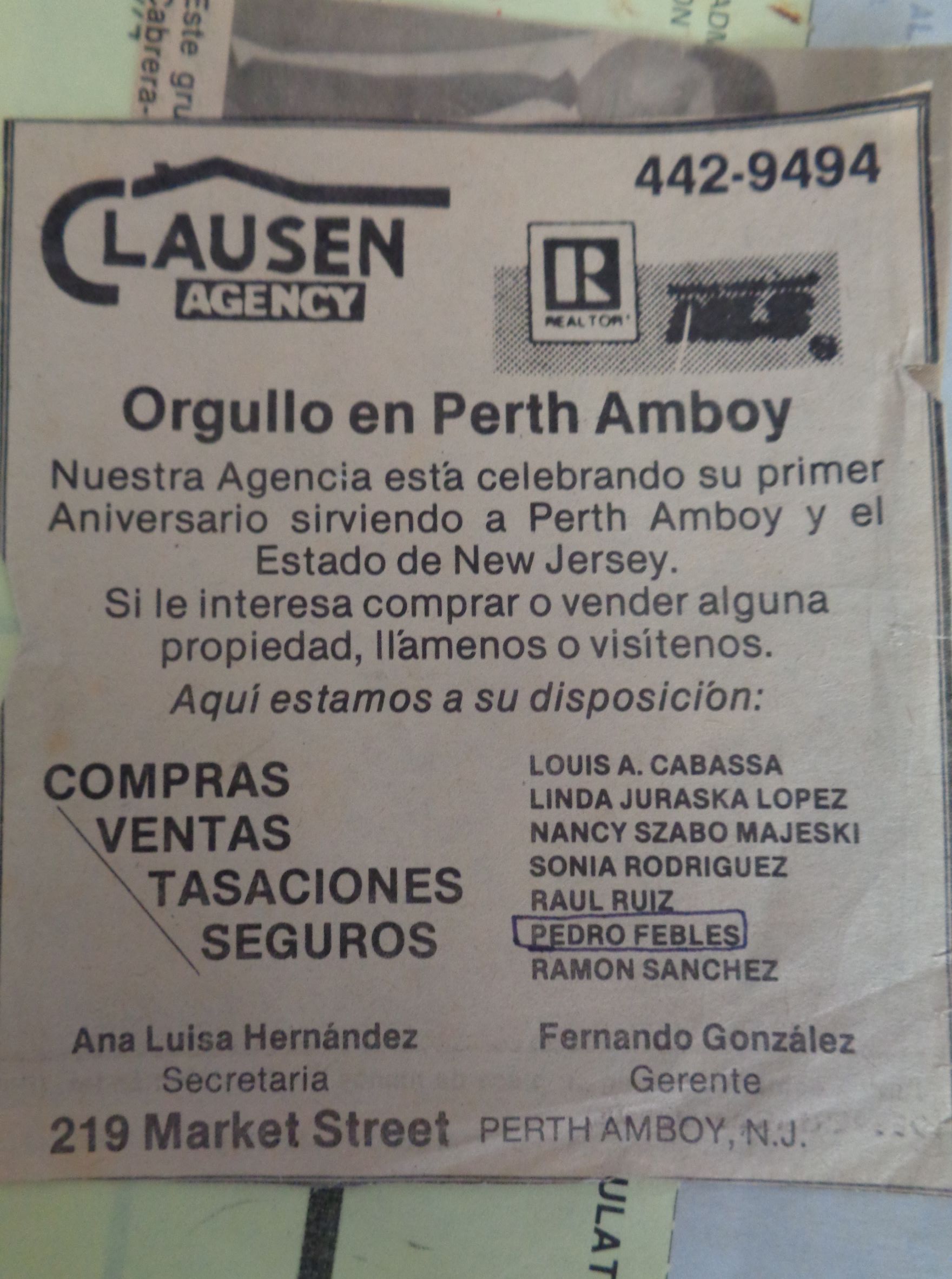 Perth Amboy Clausen and Munson Real Estate office members PF c1985