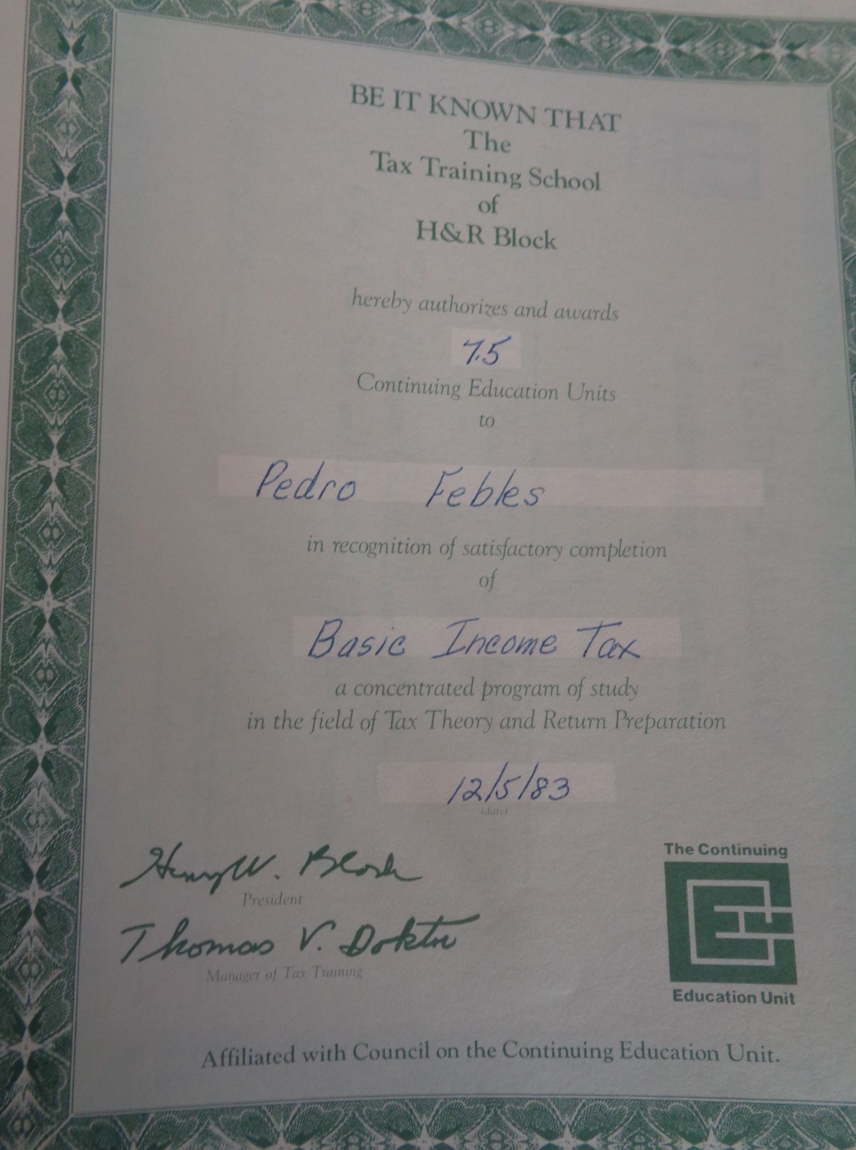 Perth Amboy H&R tax training certificate PF 12May1983