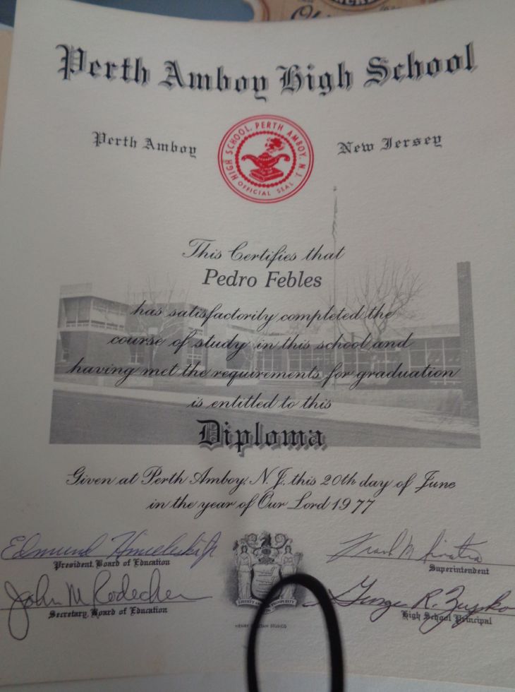 Perth Amboy HS diploma of PF 20june1977