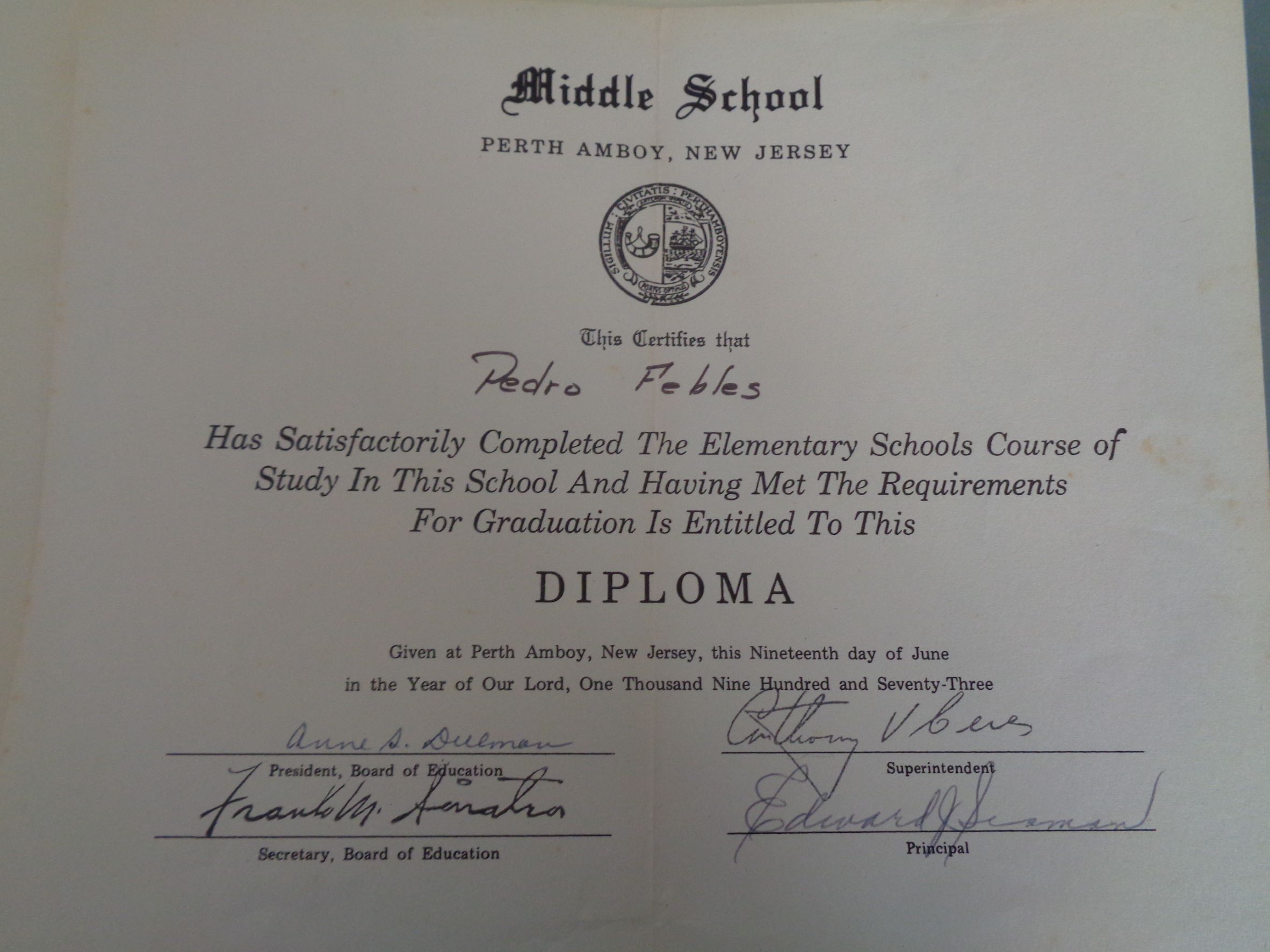 Perth Amboy middle school Mcginnis diploma PF 19june1973