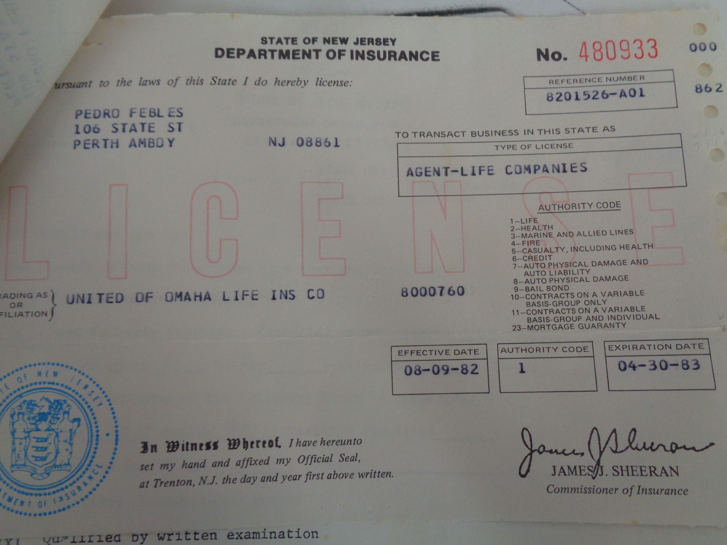 Perth Amboy State New Jersey insurance license Mut Omaha code 1 life 4april1983