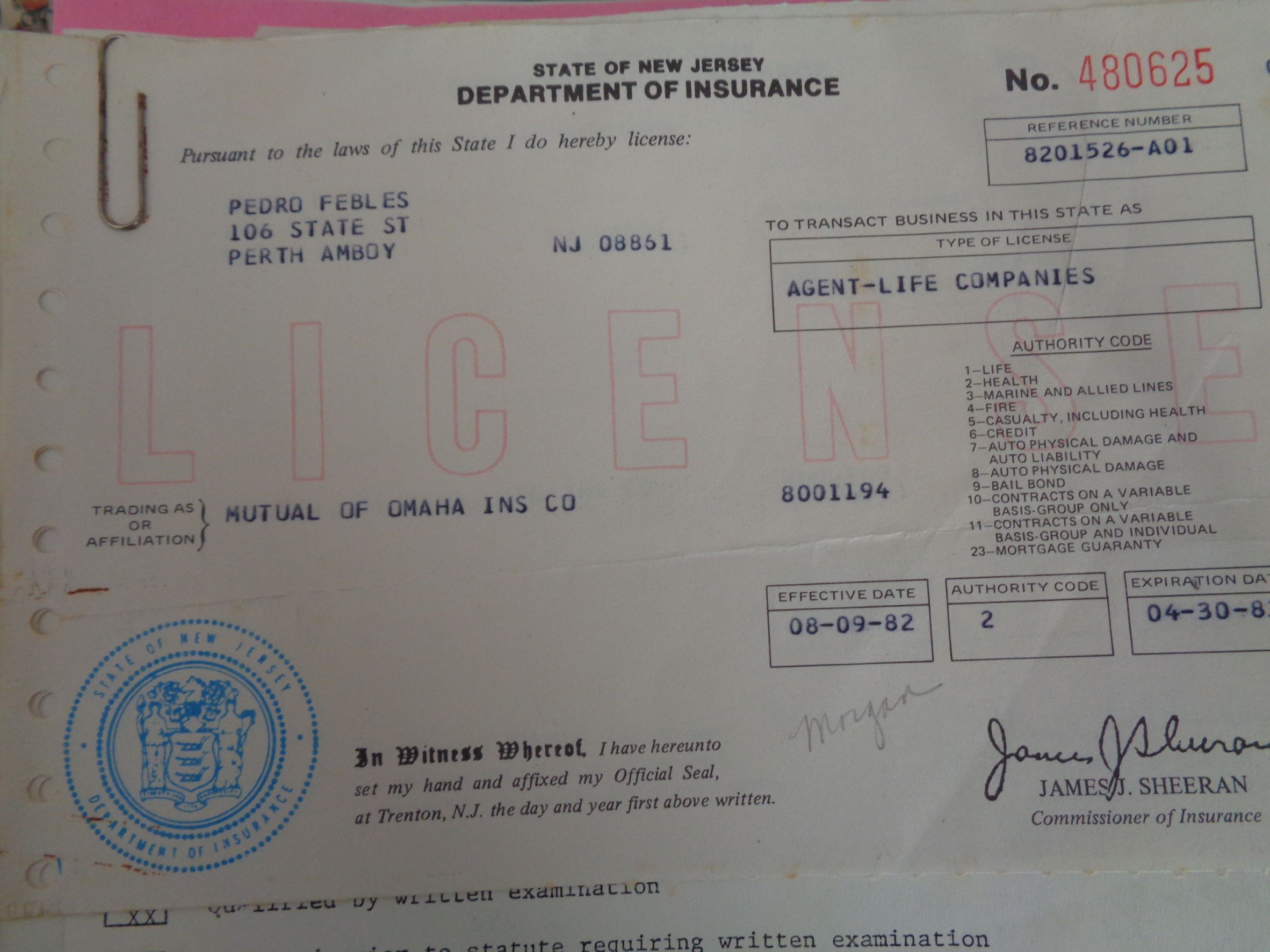 Perth Amboy State New Jersey life insurance license Mut Omaha code 2 health 4april1983