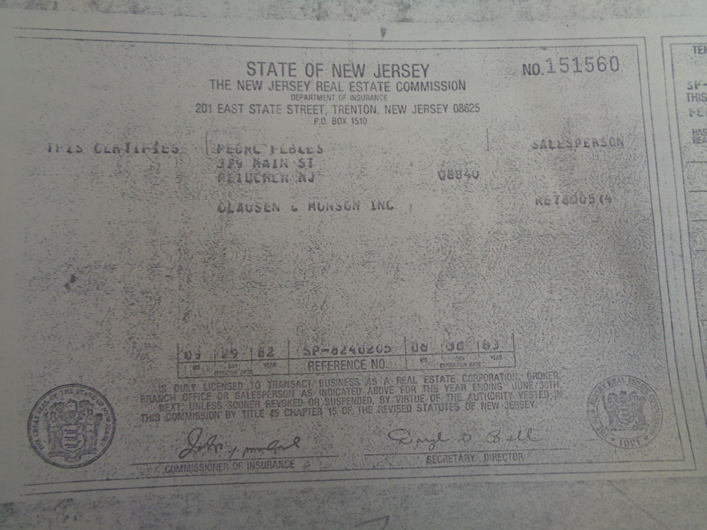 Perth Amboy State New Jersey real estate license PF 1983