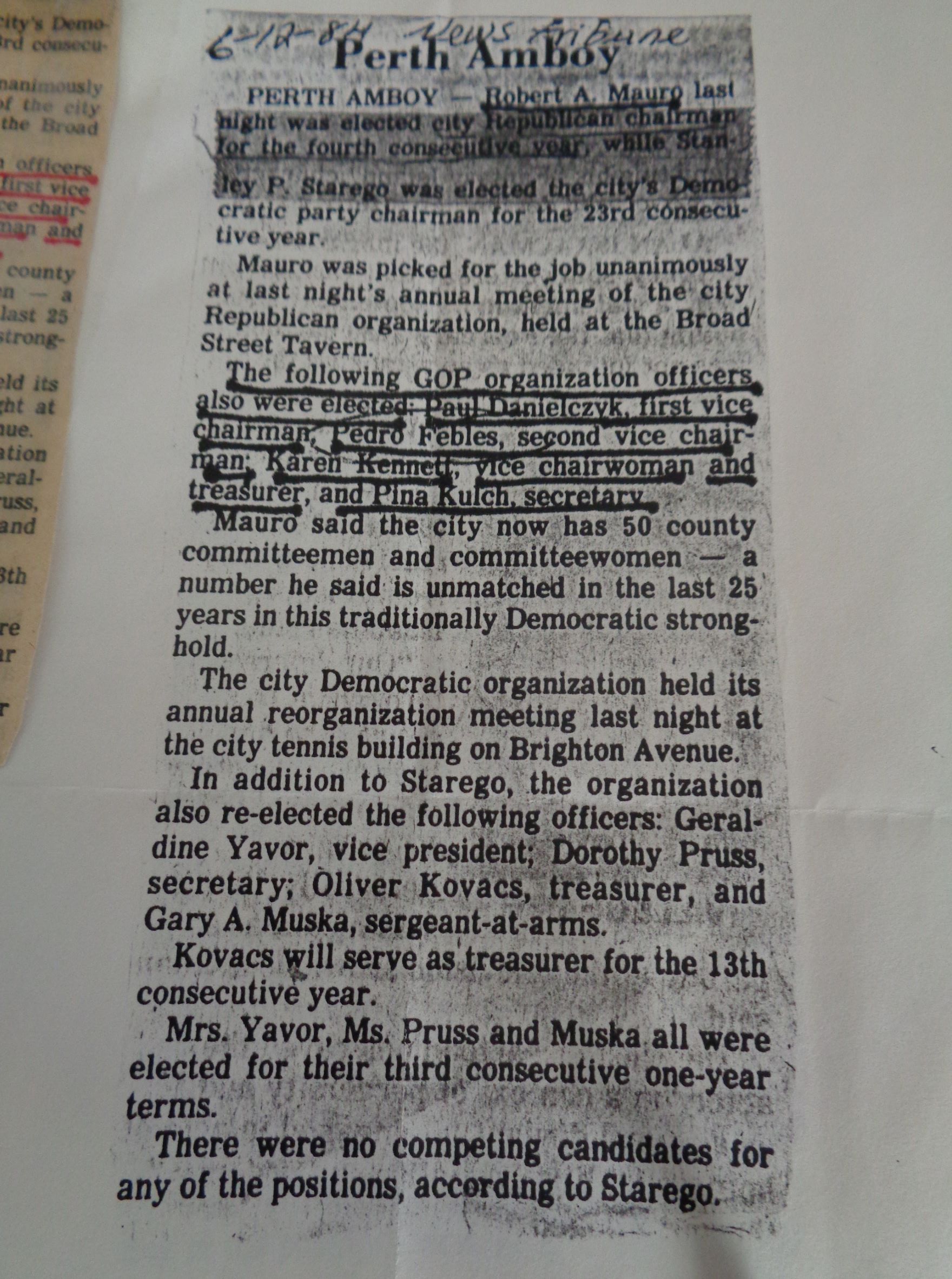 Perth Amboy The News TRibune newspaper news of VC Rep party PF jun84