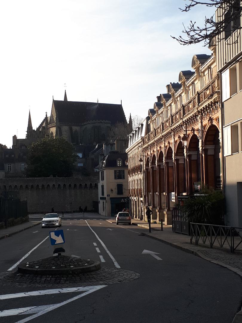 Vannes rue Alain le Grand ramparts , architecture right and back of cathedral jan24